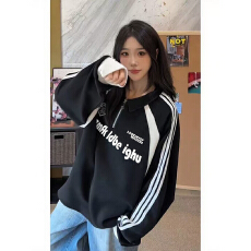 批发大码女装200斤长袖<b class='q'>t</b><b class='q'>恤</b>卫衣女薄款新款春秋条纹宽松POLO领上衣