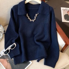 批发法式V领重工亮片套头<b class='q'>毛衣</b>女<b class='q'>新款</b>秋冬独特漂亮长袖针织衫上衣