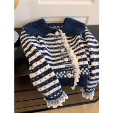 批发抖音质量】小香风翻领条纹针织开<b class='q'>衫</b>毛衣外套女小个子宽松软糯