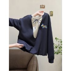 实拍 原版质量特大码300斤假两件撞色卫衣女春秋季薄款上衣