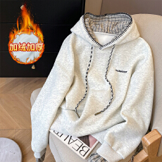 纯棉华棉复合真超加绒卫衣女宽松格子刺绣花连帽保暖上衣