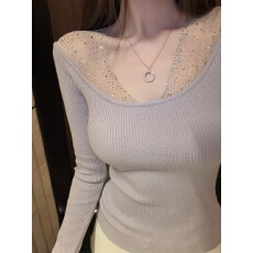 批发设计感重工烫钻<b class='q'>网纱</b>拼接打底衫女秋冬内搭纯欲性感露肩针织衫上衣