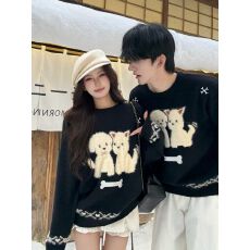 批发三根绵羊绒】情侣装氛围感小狗毛衣男女秋冬季慵懒宽松针织衫