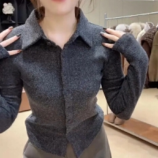 批发310克山<b class='q'>羊绒</b>长袖t恤打底衫女春秋纯色开衫新款衬衫领上衣