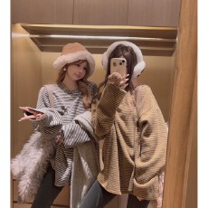 批发330克条纹长袖t恤打底衫女装薄立体装饰春秋圆领韩版上衣