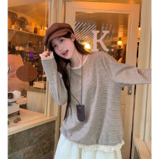 批发280克仿<b class='q'>羊绒</b>长袖t恤打底衫女装薄款蕾丝花边春秋圆领上衣