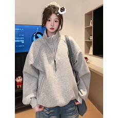 批发薄款卫衣男女情侣装春秋薄新款宽松拉链美式螺纹拼接上衣