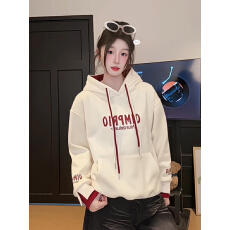 批发薄款<b class='q'>卫衣</b>女2026春秋新款韩系撞色假两件刺绣宽松连帽上衣