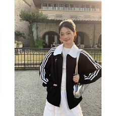 批发韩系卫衣<b class='q'>女装</b>春秋薄款拉链开衫外套三道杠宽松POLO领上衣