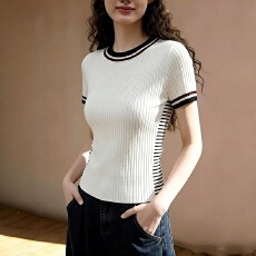 批发外贸专柜出口女装圆领短袖2026春季韩版上衣短款针织t恤杏色上衣