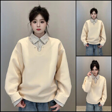 批发官图特价薄款潮牌男女情侣卫衣春秋新款拼接假两件条纹<b class='q'>衬衫</b>领上衣