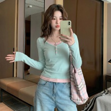 批发官图特价羊多莉羊绒260克长袖t恤<b class='q'>女</b>春秋新款假两件蕾丝花边打底衫