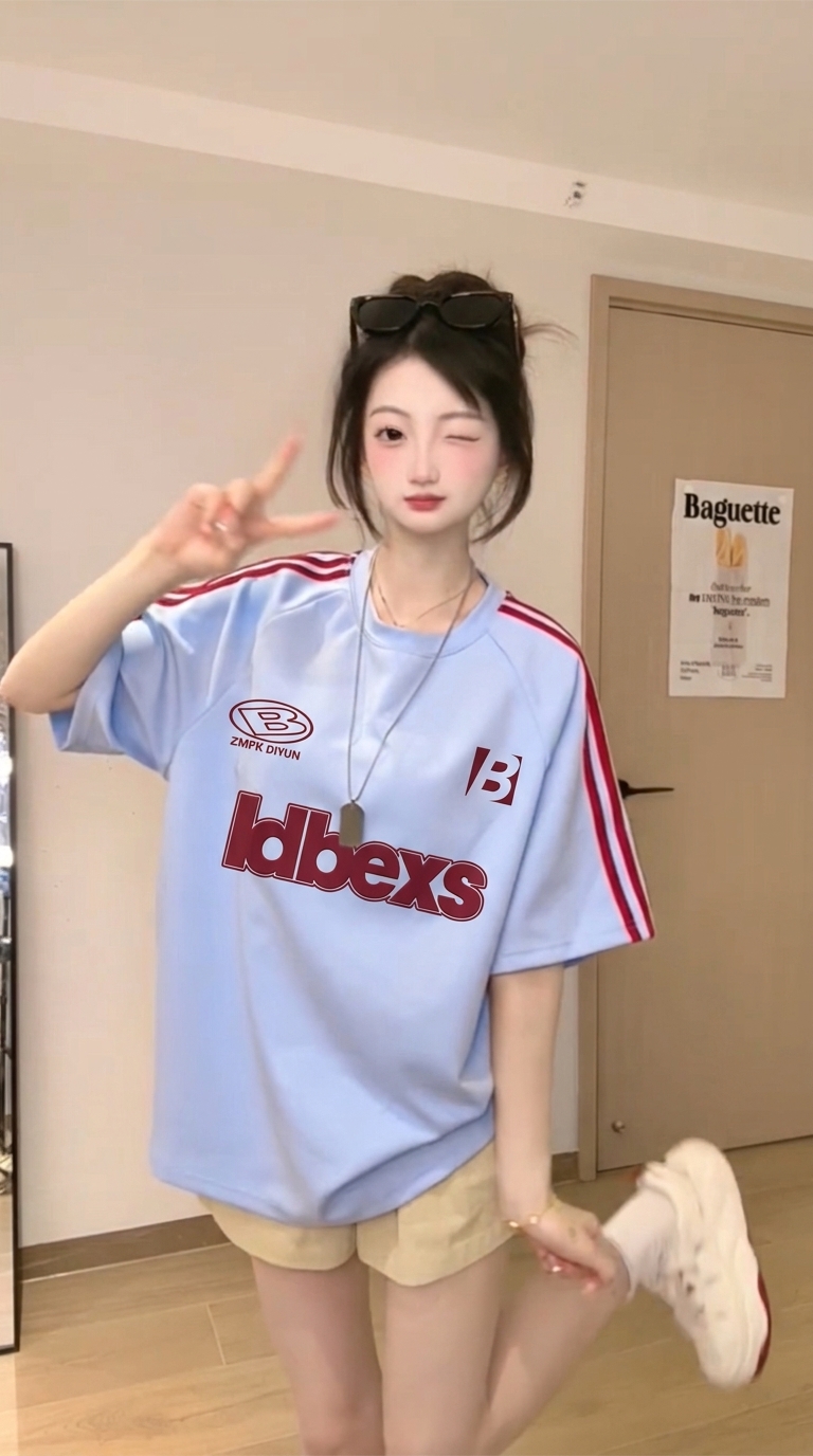 RY4382# 曼巴棉短袖t恤女装夏季潮新款宽松发泡印花圆领上衣
