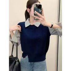 批发假两件马甲拼接条纹衬衫女秋季新款百搭宽松长袖衬衣法式独特上衣