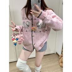 批发国<b class='q'>潮</b>牌秋季新款休闲百搭费尔岛针织开衫花纱小狗提花翻领毛衣外套