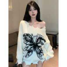 批发慵懒风设计感磨破V领软糯毛衣套头女<b class='q'>秋</b>冬2026新款蝴蝶印花针织衫