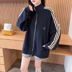 批发<b class='q'>实拍</b>-原版纯棉面料翻领刺绣卫衣外套秋季三条杠宽松拉链开衫上衣