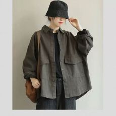 批发复古大码宽松遮肚长袖<b class='q'>外套</b>春秋女装新款<b class='q'>百搭</b>休闲纯色纯棉长袖上衣