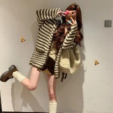 批发韩系慵懒风软糯条纹连帽<b class='q'>针织</b>开衫女2026秋冬宽松百搭毛衣女外套