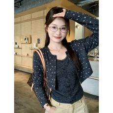 批发【原版<b class='q'>兔毛</b>布】韩系灰色碎花针织开衫女秋修身显瘦短款长袖上衣