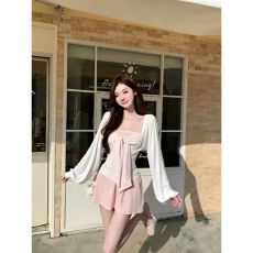 批发【带胸垫+可调节肩带】辣妹u领长袖罩衫短裙<b class='q'>套装</b>女秋季收腰两件套