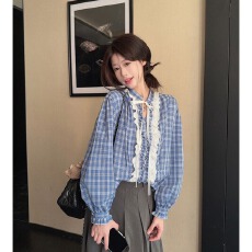 批发灯笼袖系带蓝<b class='q'>格子</b><b class='q'>衬衫女</b>宽松蕾丝拼接气质v领长袖上衣2026