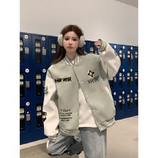 批发实拍美式街头学院风<b class='q'>薄</b>荷绿棒球服女2026百搭宽松<b class='q'>夹克</b>上衣外套