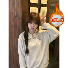 大码女装200斤加绒卫衣秋冬新款刺绣宽松娃娃领保暖上衣