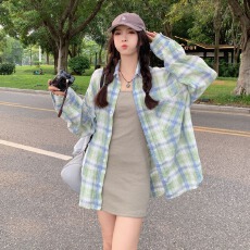批发韩系休闲慵懒风薄款长袖格子衬衫女2026宽松轻薄衬衣<b class='q'>防晒</b>外套