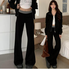 批发【原版质量】腰头撞色休闲弹力喇叭裤女春季修身显瘦垂感拖地卫裤