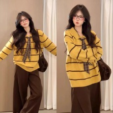 批发【原版做工】韩系黄色POLO领条纹套头毛衣慵懒宽松针织衫长袖上衣