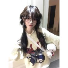 批发【原版做工】美式<b class='q'>街头</b>潮牌复古猫印花卷边圆领潮流设计感针织上衣