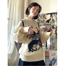 批发【原版面料】美式<b class='q'>街头</b>潮牌小猫印花圆领新款宽松显瘦情侣百搭上衣