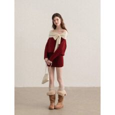 批发【原版做工】红色圣诞穿搭一字肩包臀长袖针织<b class='q'>连衣裙</b>女冬露肩短裙