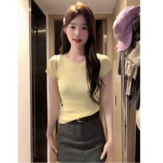 批发辣妹套头针织T恤女装夏季小众设计感修身显瘦圆领短袖打底衫上衣