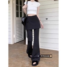 批发黑色假两件休闲<b class='q'>裤</b>女春季新款设计感小众高腰微喇叭<b class='q'>裤</b><b class='q'>百搭</b>拖地长<b class='q'>裤</b>