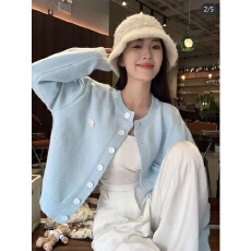 批发蓝色<b class='q'>开衫</b>毛衣女2026秋冬新款温柔风简约针织高级感软糯小个子上衣