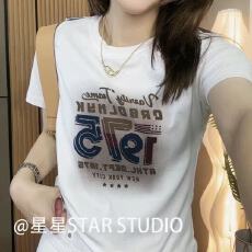 批发黑色短袖2026女宽松版潮牌1975涂鸦夏季设计感<b class='q'>打底衫</b>遮肉上衣百搭