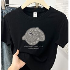 批发A004藏蓝色圆领短袖T恤女夏季新款韩版设计感帽子显瘦正肩上衣潮