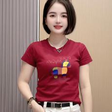 批发简约彩色小马印花正肩短袖t恤女修身微弹力遮肚子通勤女装上衣ins