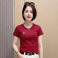 批发正肩圆领蝴蝶结印花短袖T恤女夏季2026新款修身显瘦短款韩系上衣