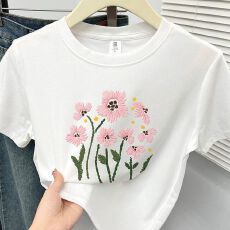 批发小众花朵修身上衣正肩显复古时尚ins高弹力短袖正肩女生夏装绣花