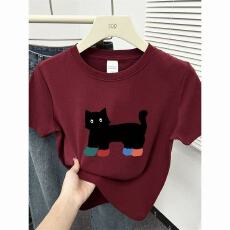 批发2026新款基础款<b class='q'>可爱</b>猫咪短袖t恤女夏季白色圆领内搭纯棉正肩上衣