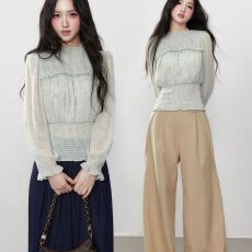 批发通勤简约百搭<b class='q'>秋</b>季绿色圆领雪纺收腰显瘦防晒长袖上衣女