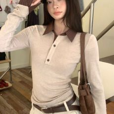 批发磨毛奶茶色假两件内搭打底衫女<b class='q'>秋</b>冬单穿显瘦polo领长袖t恤