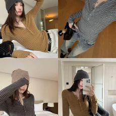 批发羊绒半开领条纹修身长袖T恤女<b class='q'>秋</b>季新款韩系显瘦设计感打底上衣