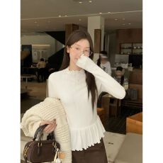 批发设计感荷叶边圆领长袖针织衫<b class='q'>女</b>休闲气质显瘦内搭打底上衣秋季