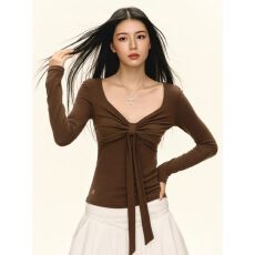 批发系带蝴蝶结长袖<b class='q'>T</b><b class='q'>恤</b><b class='q'>女</b>修身抽褶刺绣上衣