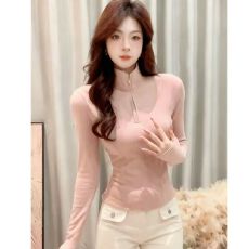 批发半拉链长袖t恤女秋冬新款收腰显瘦正肩打底衫上衣