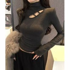 批发冬季设计感镂空上衣修身显瘦半高领长袖打底衫女